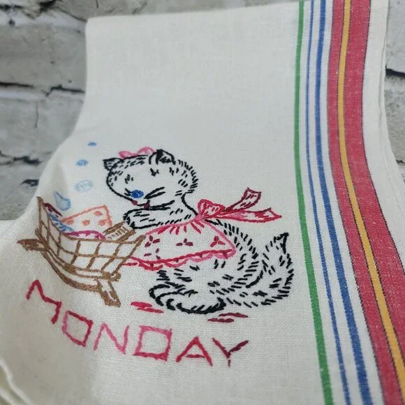 6 Days Of The Week Vtg Cat Kitchen Tea Dish Towels Hand Embroidered Needlepoint
